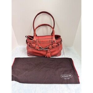 COACH Hampton Carryall Shoulder Bag F13084 Red Pebbled Leather Braided Tassel